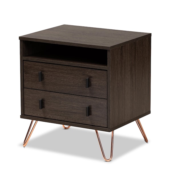 Baxton Studio Glover Modern Dark Brown Finished Wood and Rose Gold-Tone Finished Metal 2-Drawer Nightstand 179-11220-Zoro - main